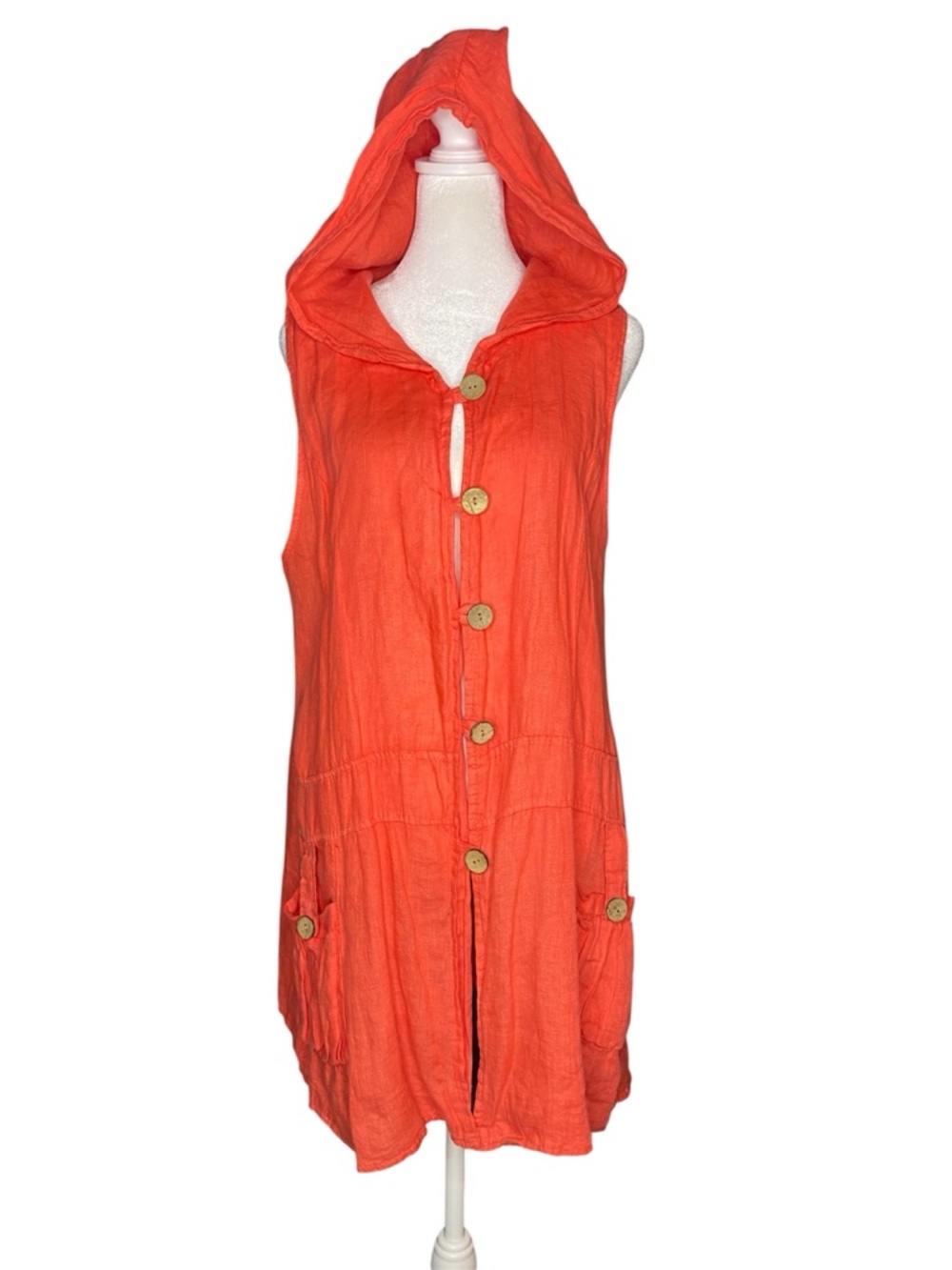Made in Italy 100% Linen Sleeveless Hooded Swim Cover-Up in Bright Coral -Size M